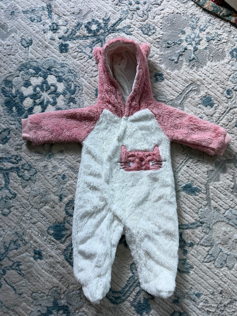 Plush Pink & White Cat Hooded Footie One-Piece